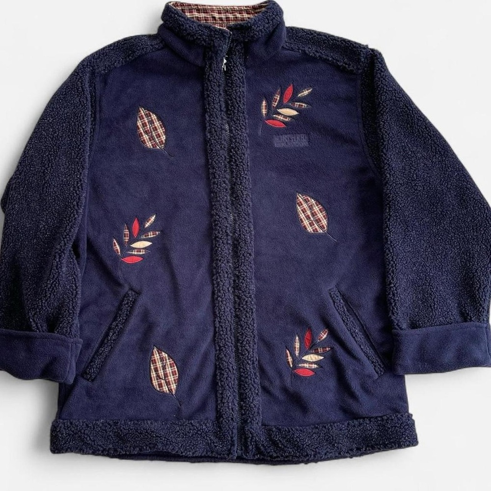 Vintage Northern Reflections Navy Blue Fleece Embroidered Plaid Leaves Jacket